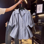 Women's Blouse with Elegant Ruffle Details and Striped Pattern