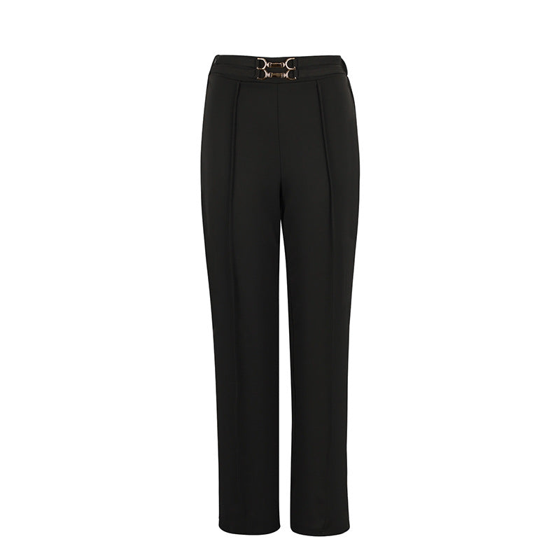 Women's Elegant High-Waist Pants with Double Buckle Detail