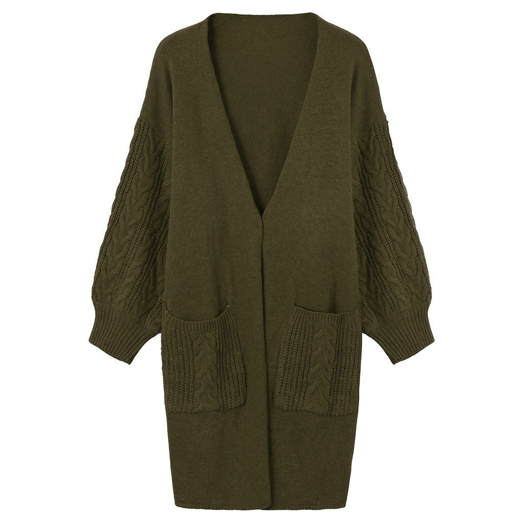 Women's Large Knit Cardigan with Voluminous Sleeves and Practical Pockets