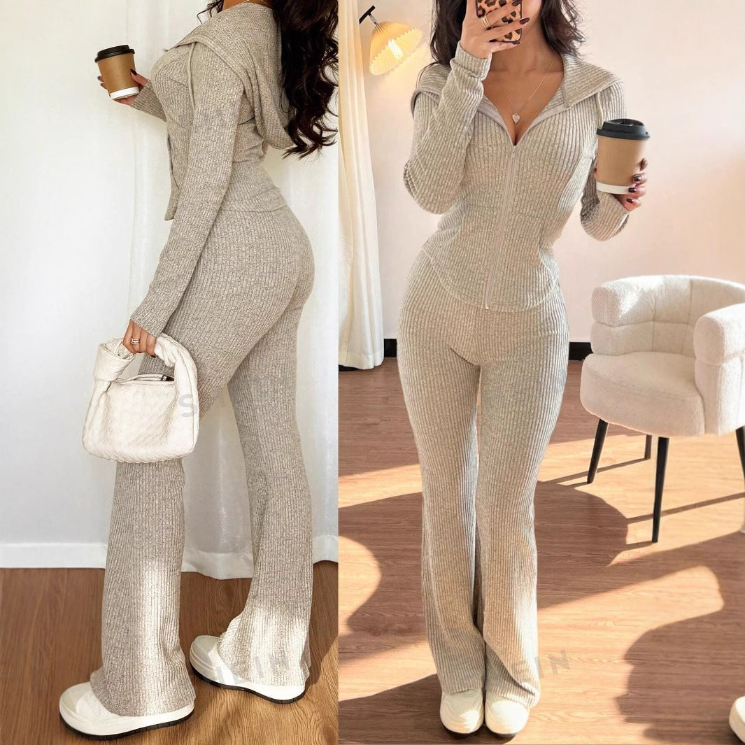 Women's High-Quality Knit Suit with Zipper and Wide Leg