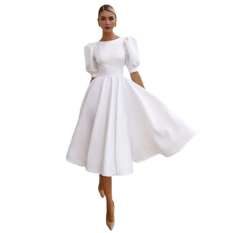 Women's A-Line Dress with Puff Sleeves and Fitted Waist