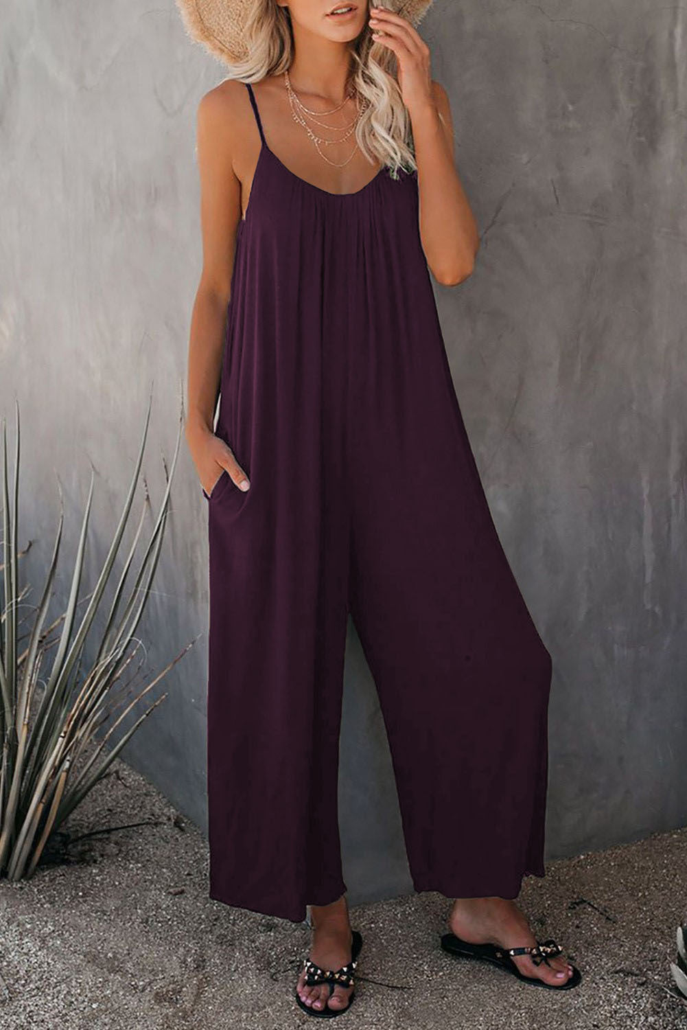 Women's Casual Summer Jumpsuit with Deep Neckline and Pockets