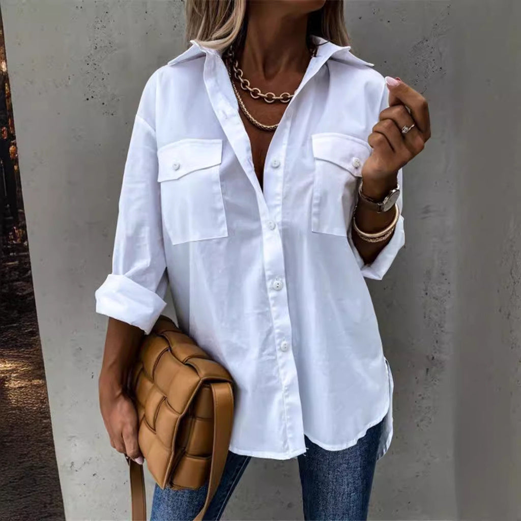 Women's Fashionable Shirt Blouse with Chest Pockets and Casual Cut
