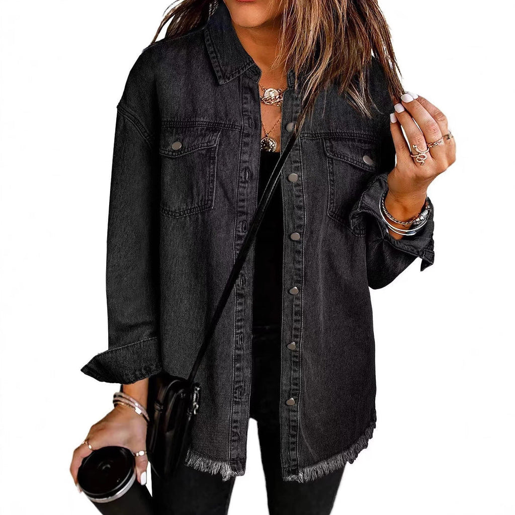 Casual Denim Shirt with Frayed Hems and Chest Pockets