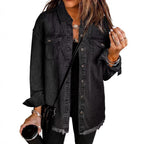 Casual Denim Shirt with Frayed Hems and Chest Pockets