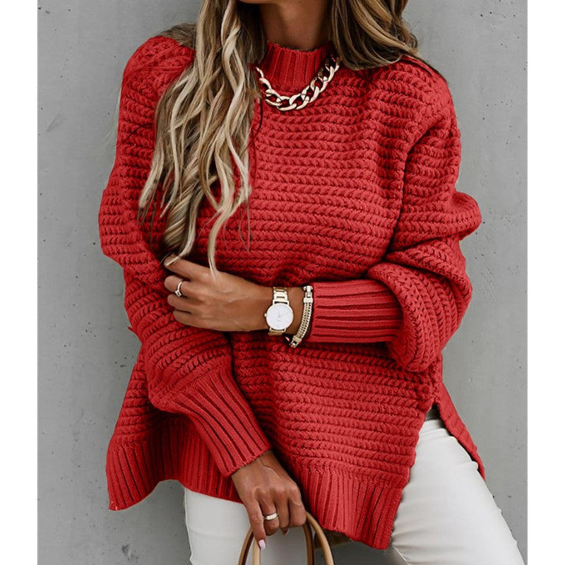 Women's Chunky Knit Sweater with Modern Structure Design and High Collar