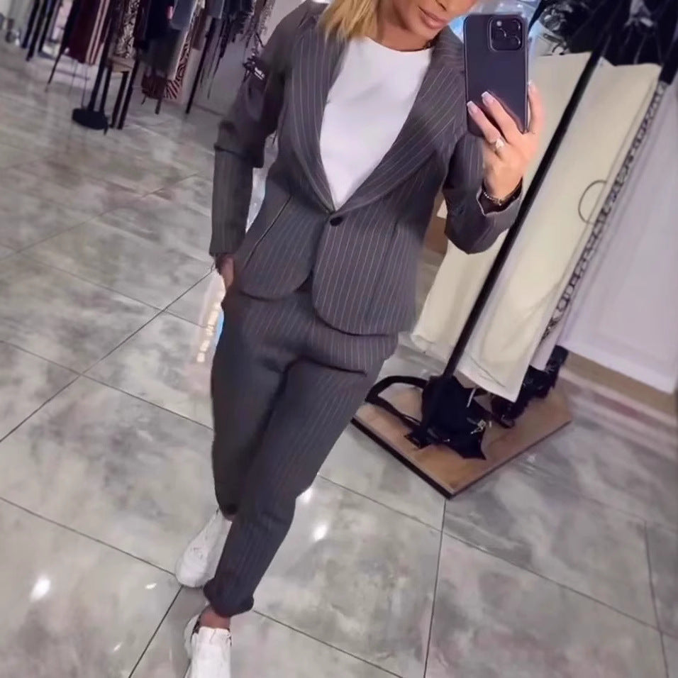 Women's Elegant Pinstripe Blazer and Trouser Set
