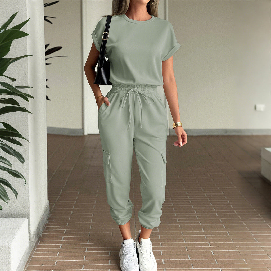 Women's Casual Two-Piece Set with Elastic Waist and Side Pockets
