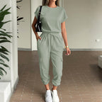 Women's Casual Two-Piece Set with Elastic Waist and Side Pockets