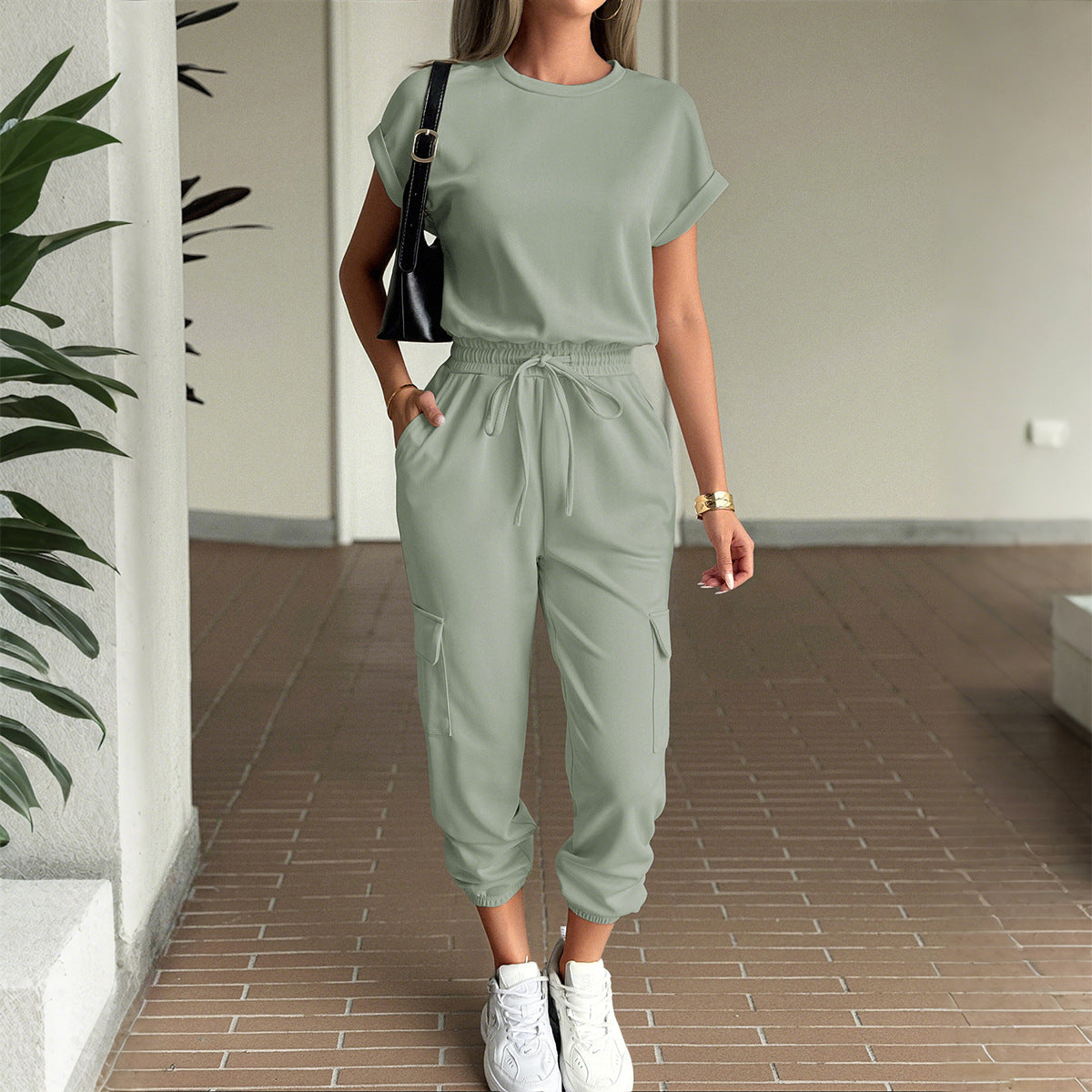 Women's Casual Two-Piece Set with Elastic Waist and Side Pockets