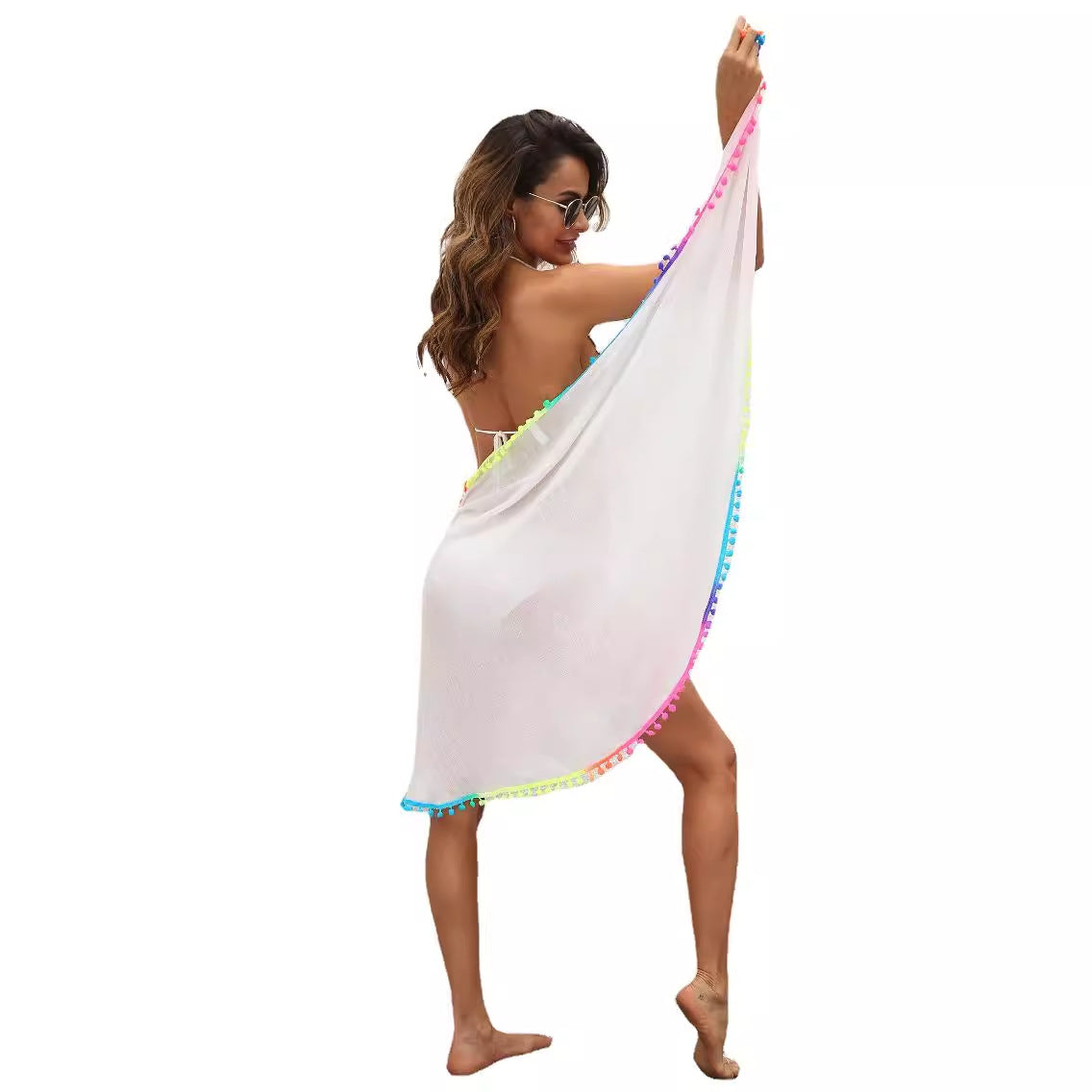 Women's Elegant Beach Cover-Up with Colorful Pom-Pom Trim