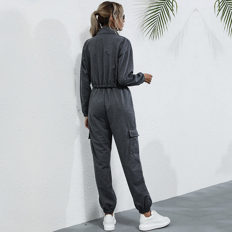 Women's Casual Jumpsuit with Half-Zip and Practical Pockets