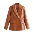 Women's Double-Breasted Faux Leather Blazer