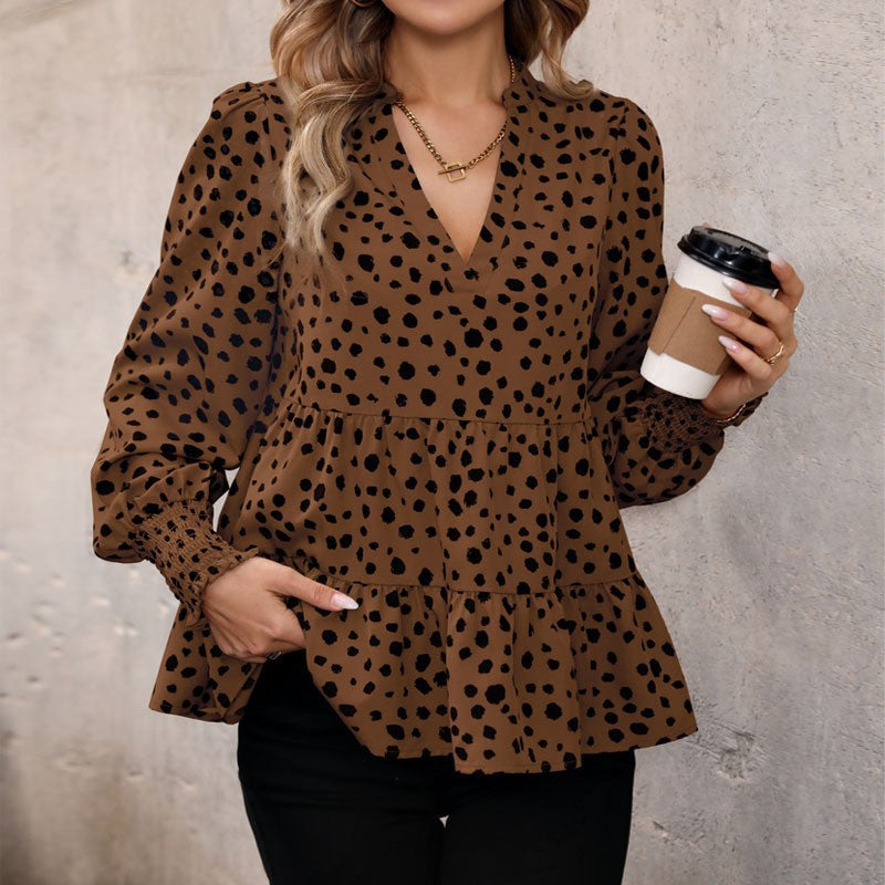Women's Blouse with Voluminous Puff Sleeves and Casual Ruffle Design