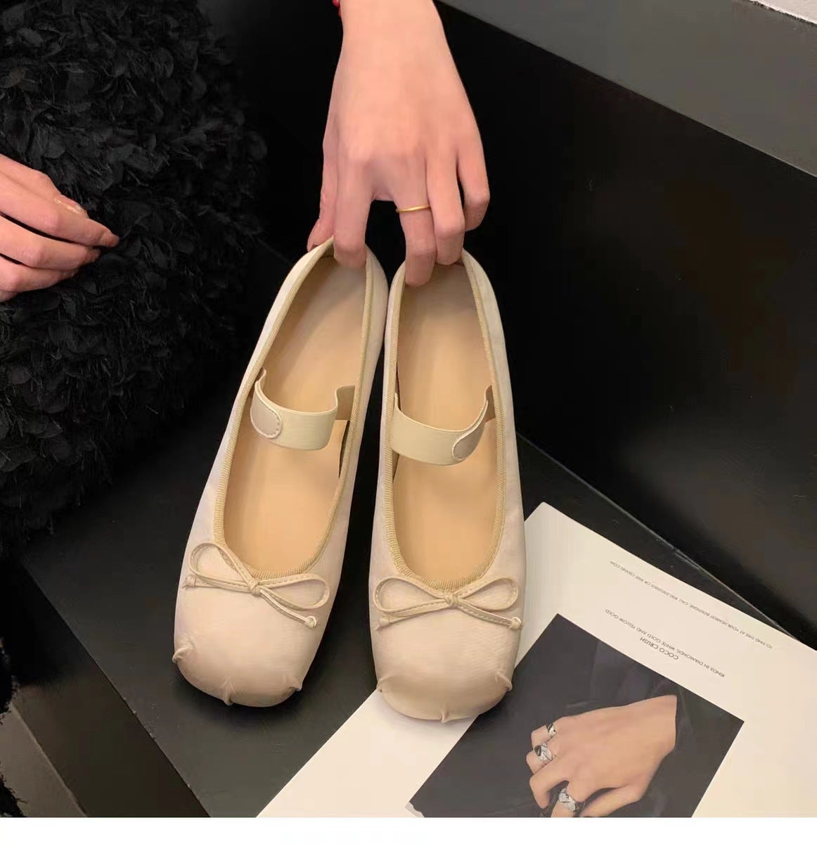 Women's Ballet Flats with Adjustable Strap and Elegant Bow Appliqué
