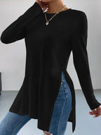 Women's Asymmetrical Long-Sleeve Top with Side Slits and Relaxed Fit