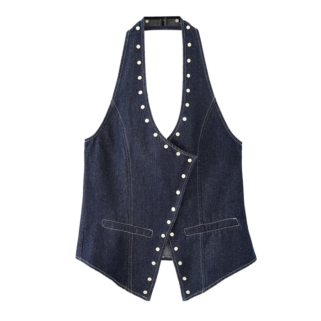 Women's Elegant Denim Vest with Decorative Snap Buttons
