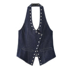 Women's Elegant Denim Vest with Decorative Snap Buttons