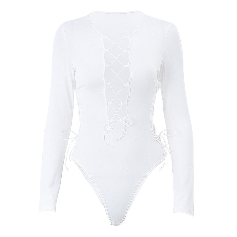 Women's Bodysuit with Cut-Out Design and Lace-Up Details