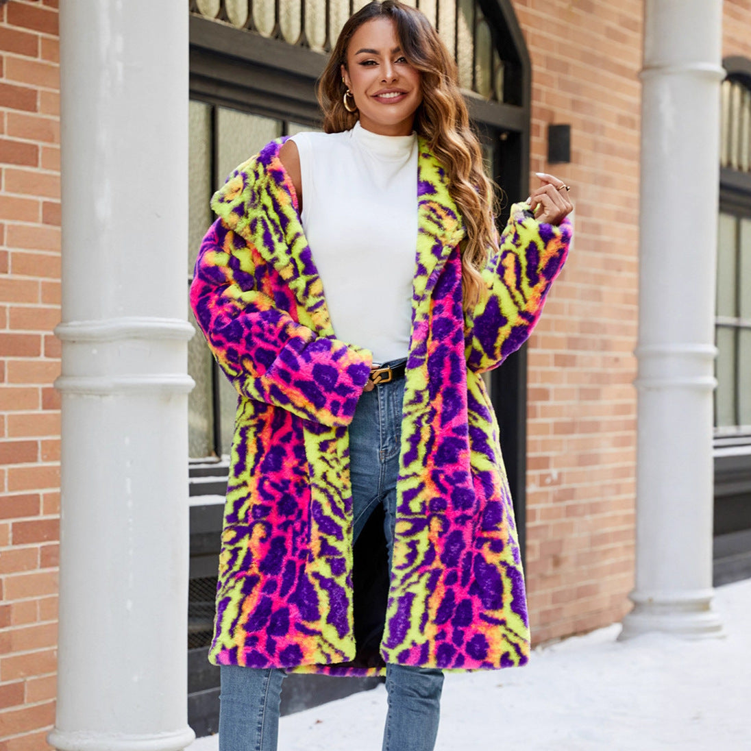 Women's Fluffy Faux Fur Coat in Vibrant Pattern