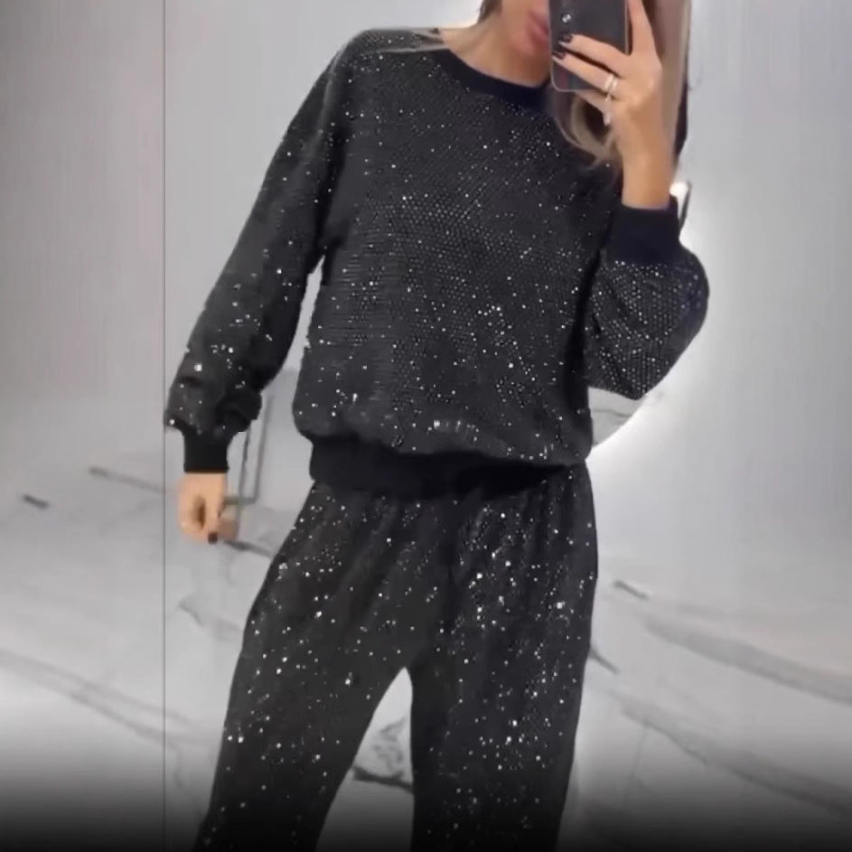 Women's Glitter Leisure Set with Cropped Sweater and Comfortable Pants
