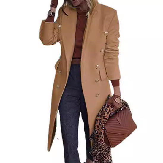 Women's Elegant Double-Breasted Coat with Gold Buttons and Tailored Fit