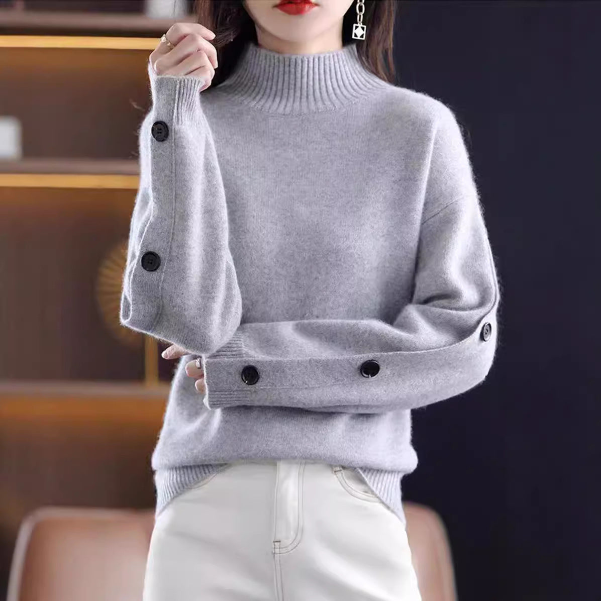 Women's Elegant Turtleneck Sweater with Button Details