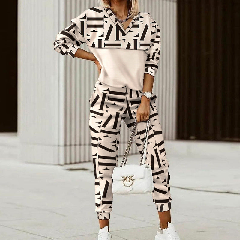 Women's Two-Piece Set with Printed Top and Tailored Trousers