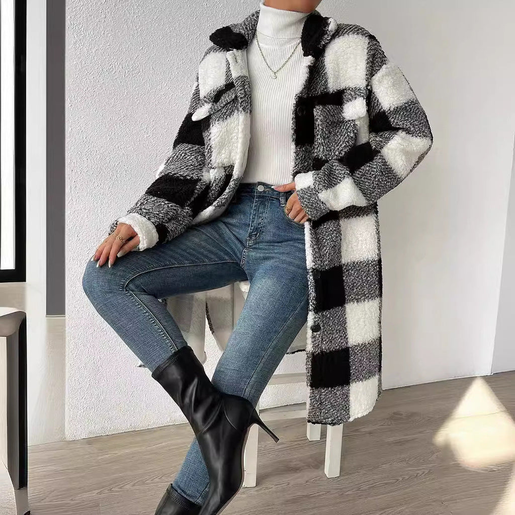 Women's Cozy Plaid Coat with Soft Lining and Button Placket