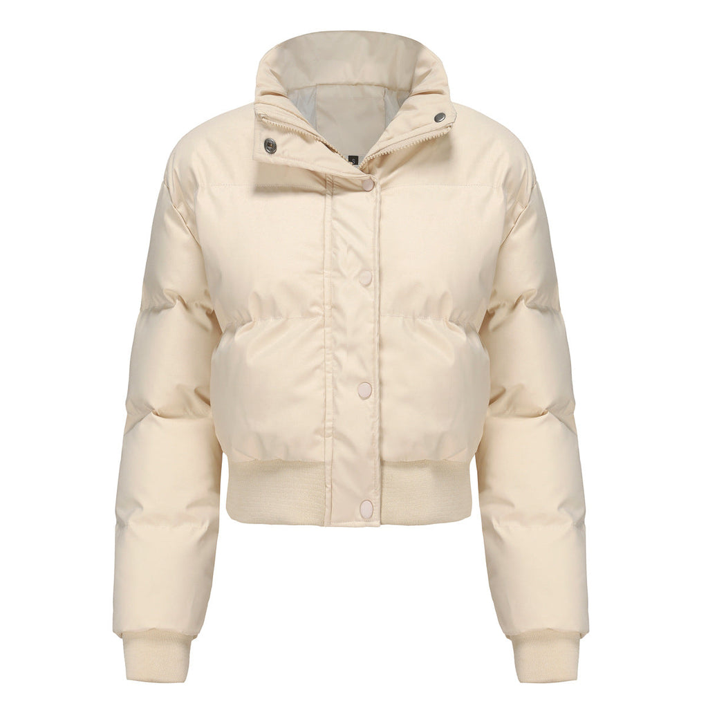 Women's Cropped Quilted Jacket with High Collar and Snap Buttons