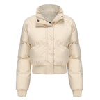 Women's Cropped Quilted Jacket with High Collar and Snap Buttons