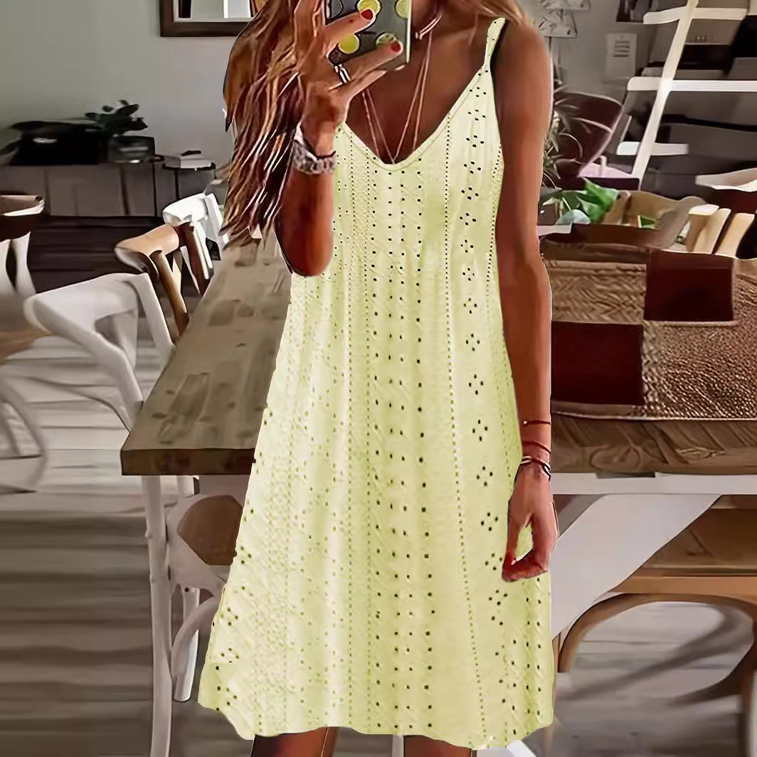 Women's Sleeveless Summer Dress with Decorative Eyelet Pattern and V-Neck