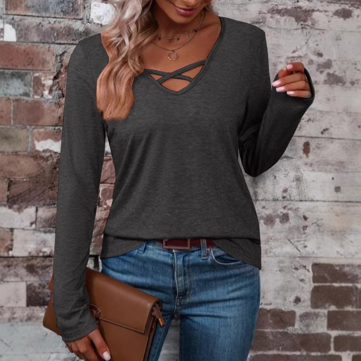 Women's Long Sleeve Shirt with Cross Neckline
