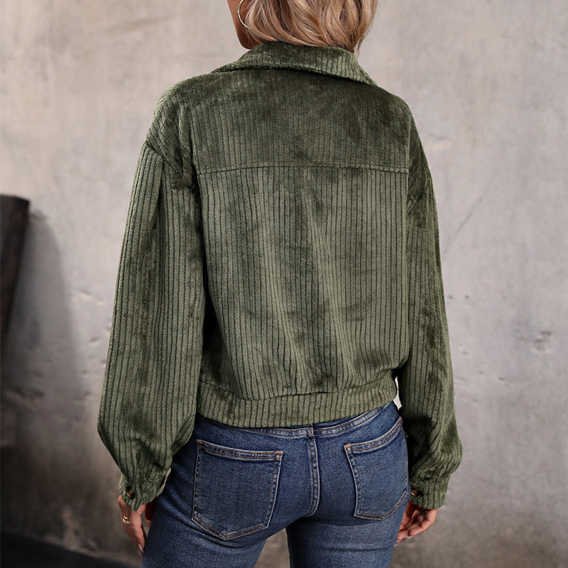 Women's Casual Corduroy Jacket with Two Chest Pockets and Button Placket