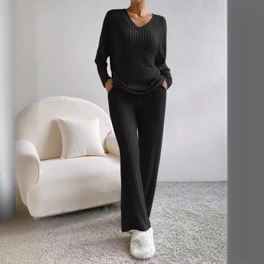 Women's Casual Ribbed Loungewear Set with V-Neck
