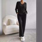 Women's Casual Ribbed Loungewear Set with V-Neck
