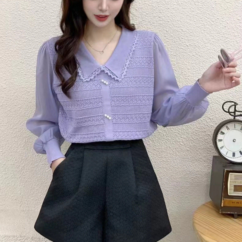 Blouse with Lace Collar and Decorative Buttons