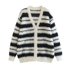 Cozy Women's Knit Cardigan with Modern Striped Pattern