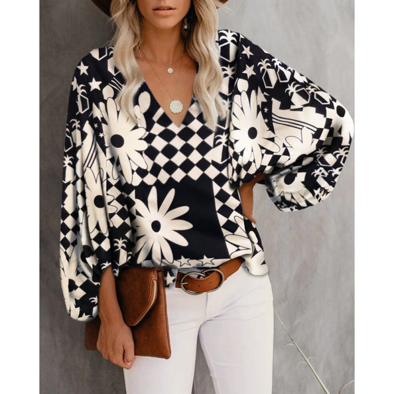 Women's Blouse with Wide Puff Sleeves and V-Neck