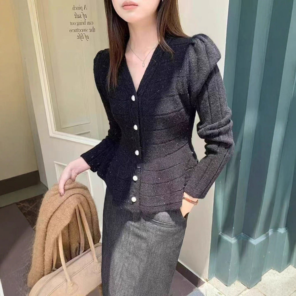 Elegant Knit Cardigan with Textured Design and Puff Sleeves