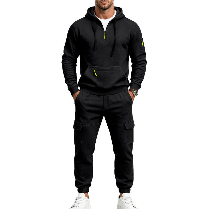 Men's Two-Piece Fleece Loungewear Set with Half-Zip Hoodie and Cargo Joggers