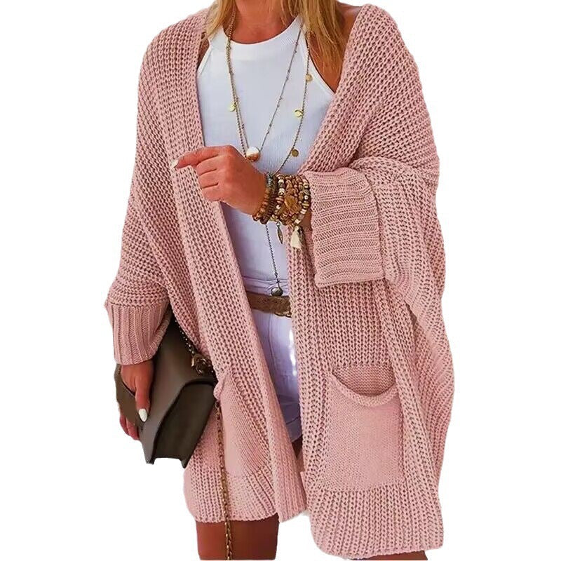 Women's Oversized Chunky Knit Cardigan with Wide Shawl Collar and Patch Pockets
