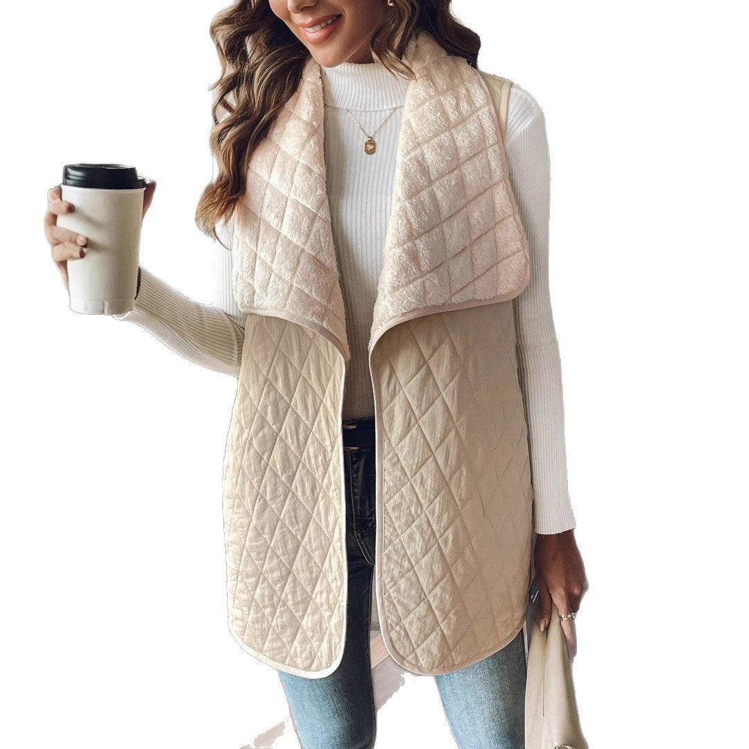 Elegant Quilted Vest with Wide Collar and Pockets