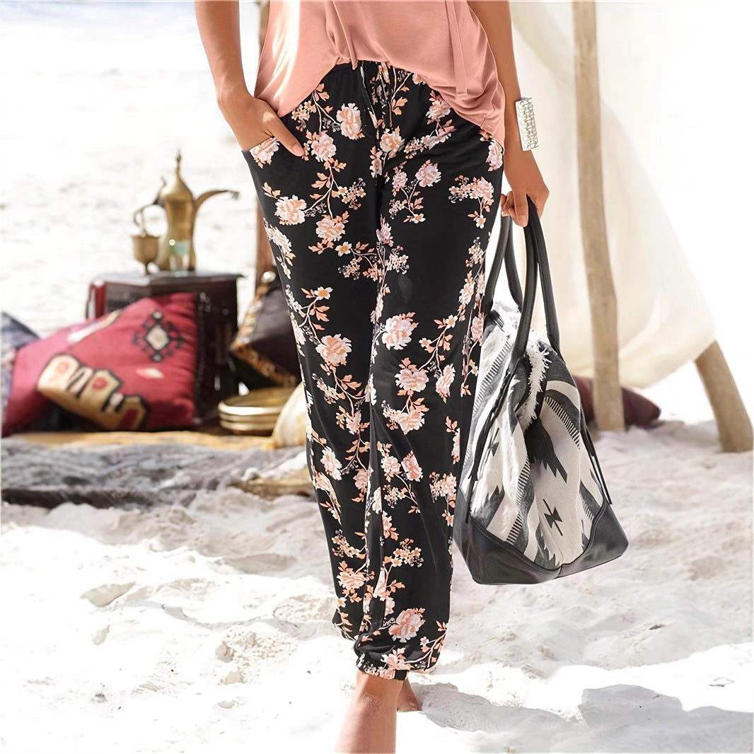 Women's Comfortable Floral Jersey Pants with Elastic Waistband
