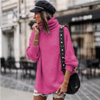 Women's Chunky Knit Sweater with High Collar and Casual Fit