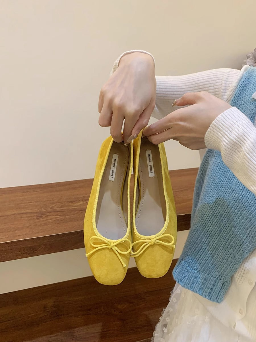 Women's Suede Ballet Flats with Playful Bow Detail