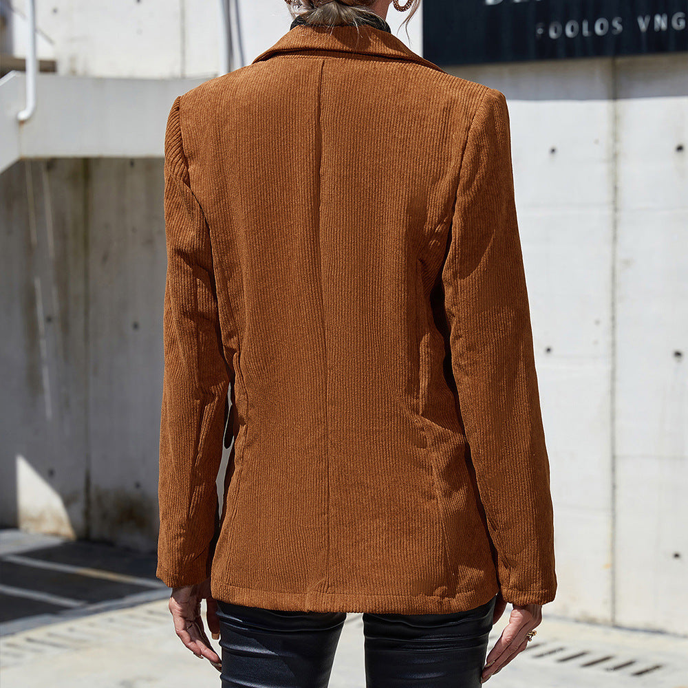 Women's Corduroy Jacket with Double-Button Design and Side Pockets