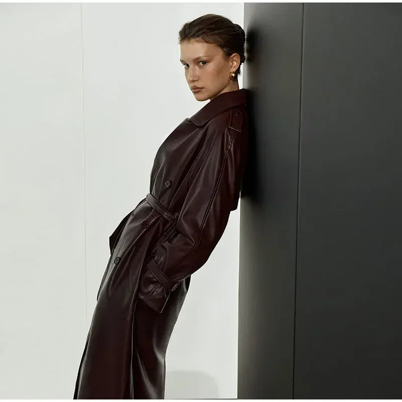 Elegant Faux Leather Trench Coat with Belt