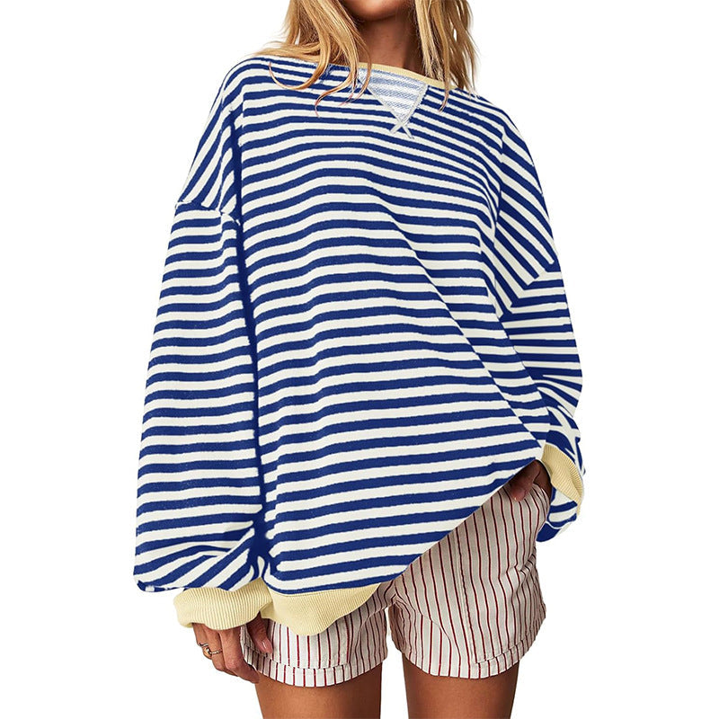 Women's Comfortable Striped Sweater with Raglan Sleeves and Elastic Cuffs