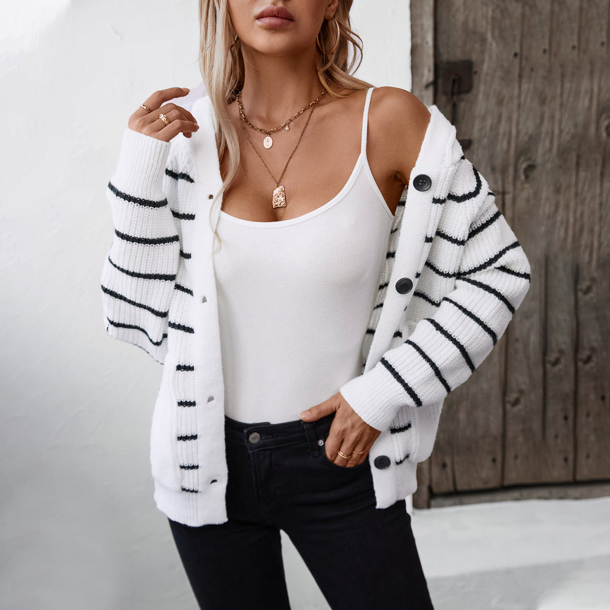 Women's Striped Cardigan with Hood and Pockets